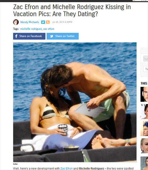 ウワサの新カップル（？）ザック・エフロンとミシェル・ロドリゲス、お熱～いキス写真をばっちり撮られる
