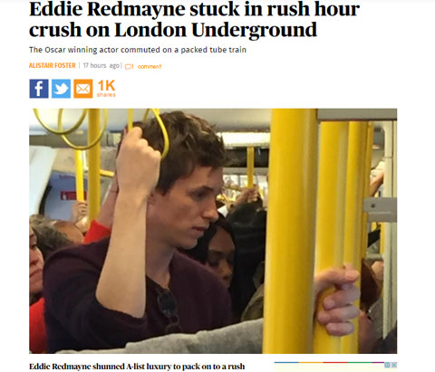 あのオスカー俳優エディ・レッドメインが、なんとラッシュアワー時の地下鉄に乗車！ 地に足ついた行動が話題に