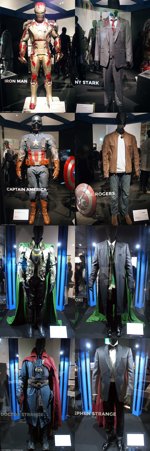 (上から)アイアンマン、キャプテン・アメリカ、ロキ、ドクター・ストレンジ。
ヒーローコスチュームと私服を一緒に展示してあるのには、スーパーヒーローにも人間の面があるということを知っていただきたいという想いから。そしてマーベルはヒーローとしてではなく、生身の人間として描いたことで人気を博していった。読者はヒーローの悩みや葛藤に共感し、個人的なつながりを持つようになった。