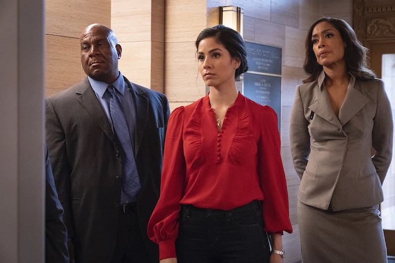 PEARSON -- "The Superintendent" Episode 102 -- Pictured: (l-r) Isabel Arraiza as Yoli Castillo, Gina Torres as Jessica Pearson -- (Photo by: Isabella Vosmikova/USA Network)