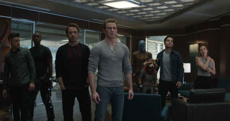 Marvel Studios' AVENGERS: ENDGAME © 2019 MARVEL L to R: Hawkeye/Clint Barton (Jeremy Renner), War Machine/James Rhodey (Don Cheadle), Iron Man/Tony Stark (Robert Downey Jr.), Captain America/Steve Rogers (Chris Evans), Nebula (Karen Gillan), Rocket (voiced by Bradley Cooper), Ant-Man/Scott Lang (Paul Rudd) and Black Widow/Natasha Romanoff (Scarlett Johansson) Photo: Film Frame ©Marvel Studios 2019