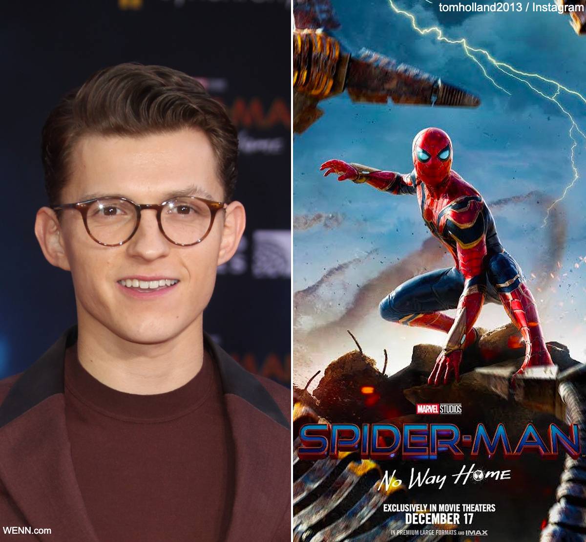 トム・ホランド（左）、『スパイダーマン: ノー・ウェイ・ホーム』のポスター（右）