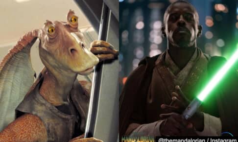 『スター・ウォーズ』ジャー・ジャー・ビンクスと、「マンダロリアン」カレラン・ベク（演：アーメド・ベスト） Photo: Lucasfilm/Kobal/Shutterstock, @themandalorian / Instagram