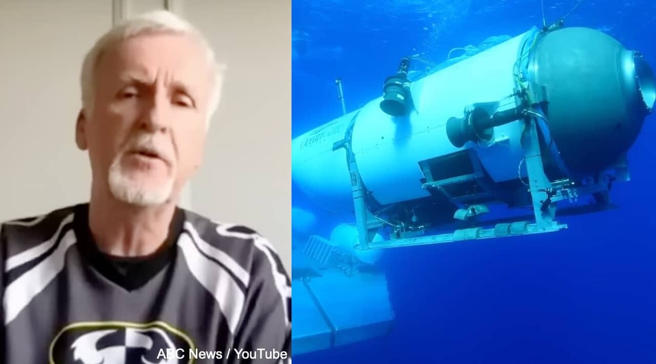 取材に応じたジェームズ・キャメロン監督と、圧壊した潜水艇「タイタン」 Photo: ABC News / YouTube, EyePress News/Shutterstock