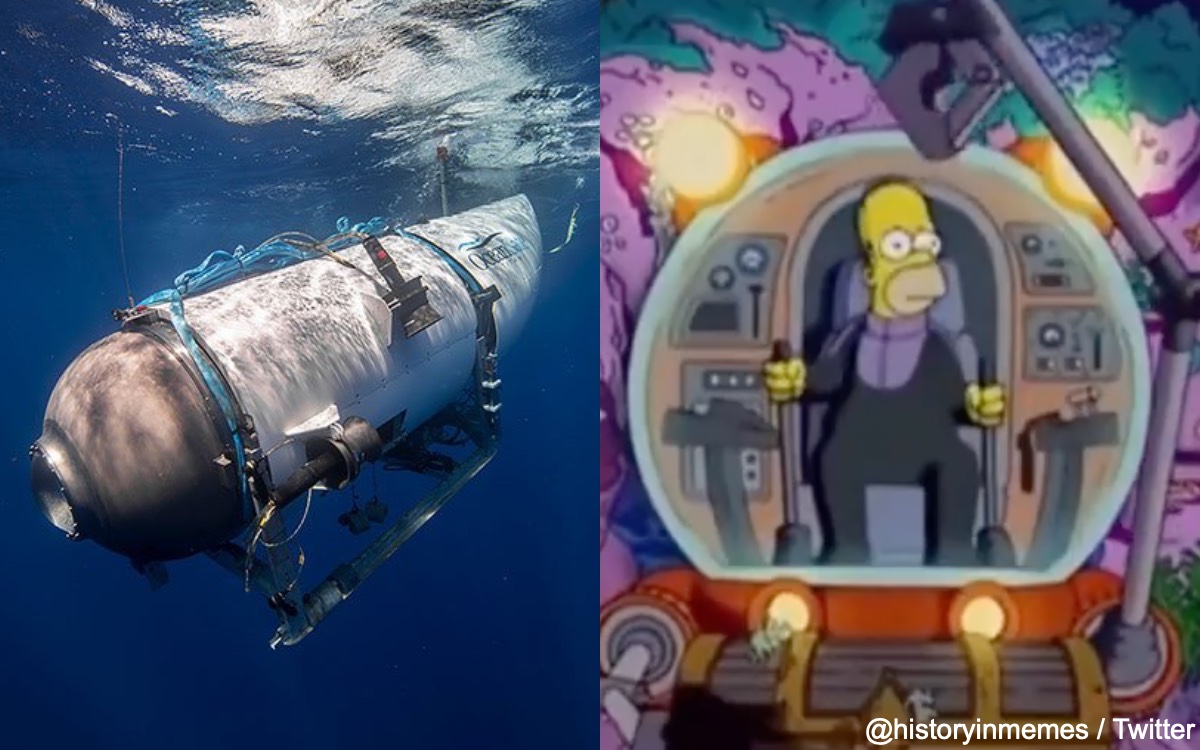 タイタニック号探索ツアーの潜水艇「タイタン」と、「ザ・シンプソンズ」 Photo: EyePress News/Shutterstock, @historyinmemes / Twitter
