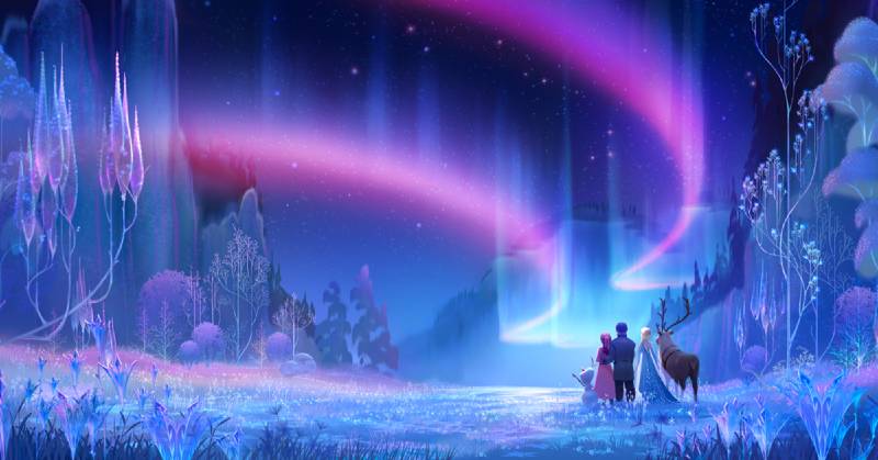 『アナと雪の女王3（仮題）』のコンセプトアート。アナ、エルサ、クリストフ、オラフが幻想的なオーロラを見つめる ©2026 Disney